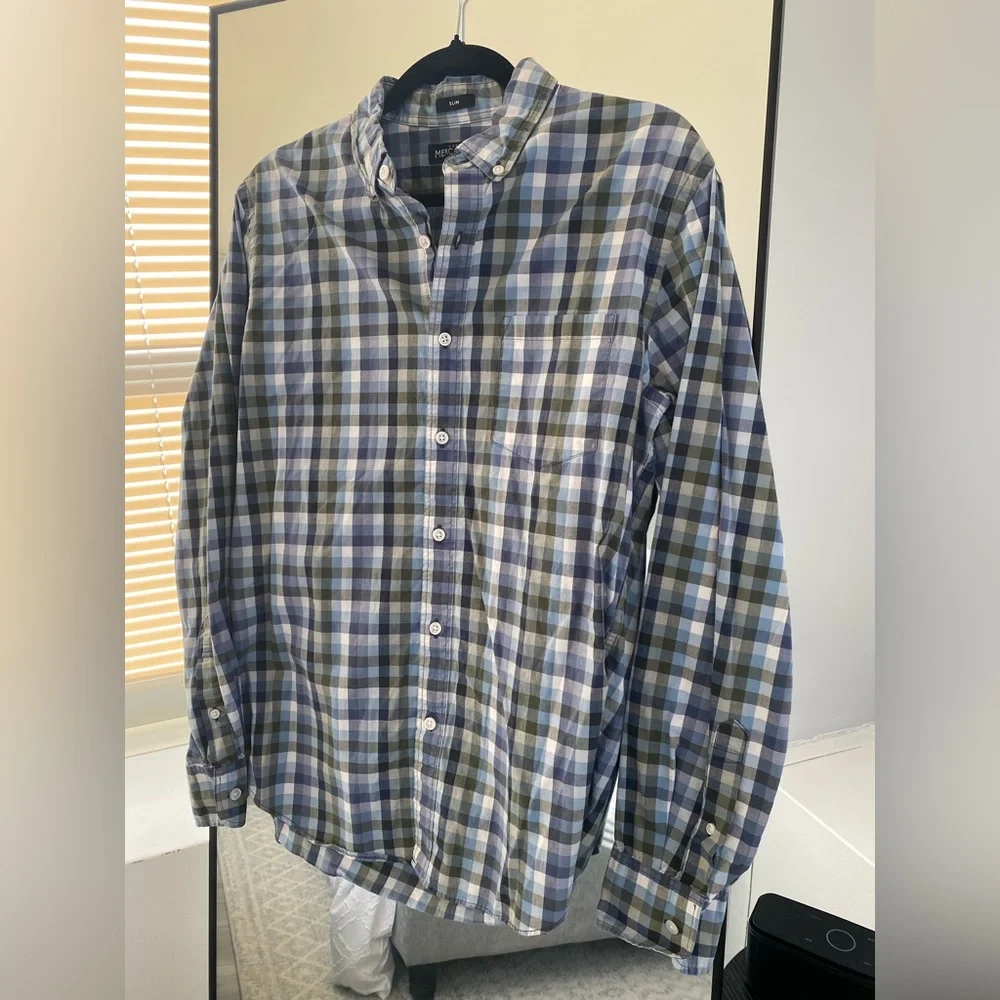 J. Crew - Blue & Green Checkered Plaid Casual Button Down Shirt - Size M